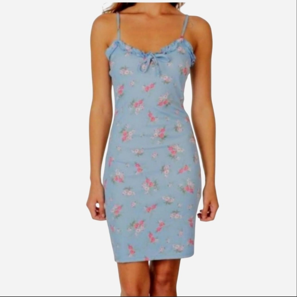 Blue Floral Spaghetti-Strap Mini Dress